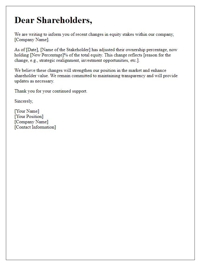 Letter template of announcement to shareholders about changes in equity stakes.