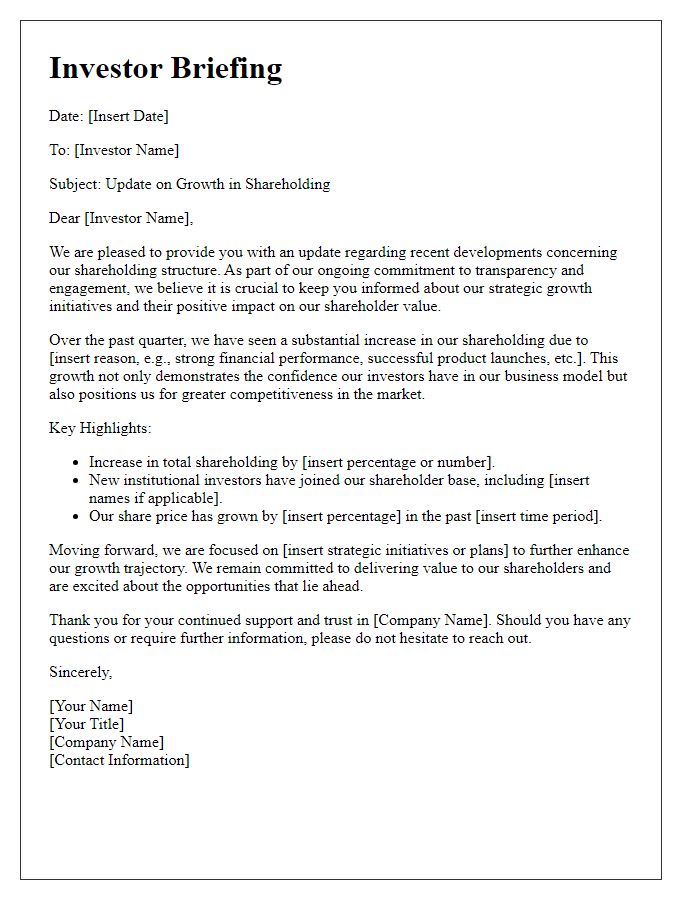 Letter template of briefing to investors concerning growth in shareholding.