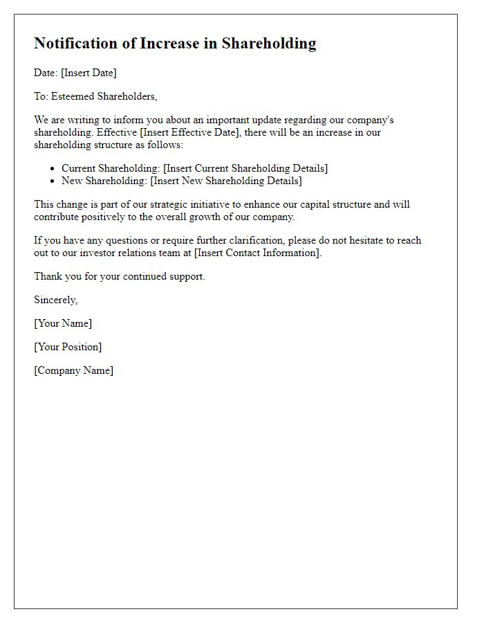 Letter template of notification for shareholders regarding increase in shareholding.