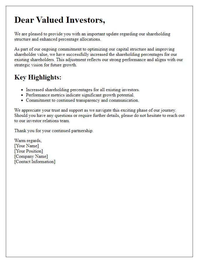 Letter template of update for investors about enhanced shareholding percentages.