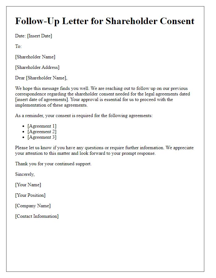 Letter template of follow-up for shareholder consent on legal agreements