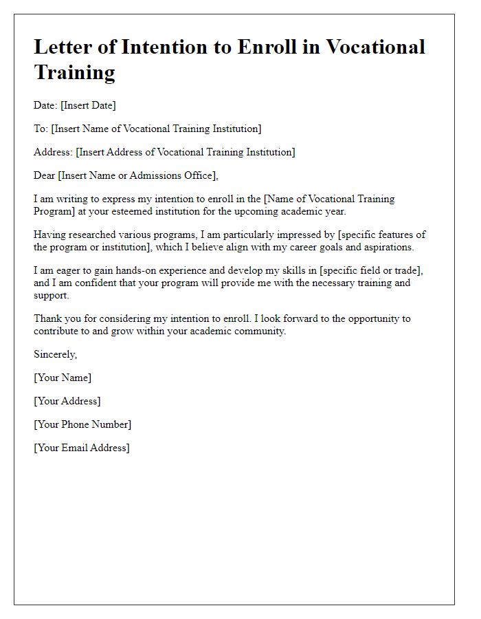 Letter template of intention to enroll in vocational training