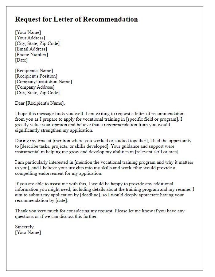 Letter template of recommendation request for vocational training