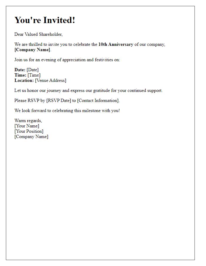 Letter template of Celebration Invitation for Valued Shareholders on Company Anniversary