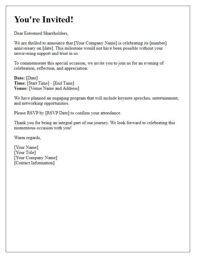 Letter template of Company Anniversary Event Invitation for Our Esteemed Shareholders