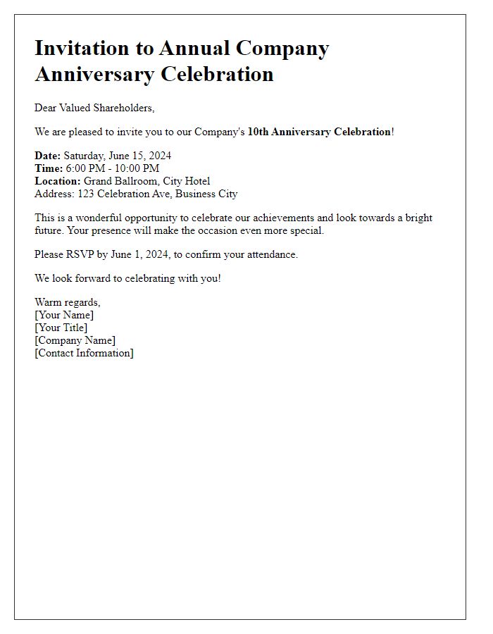 Letter template of Invitation to Shareholders for Company Anniversary Celebration