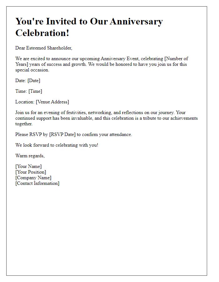 Letter template of Join Us Invitation for Shareholders at Our Anniversary Event