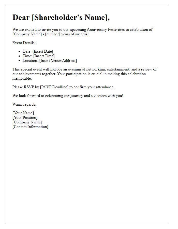 Letter template of Personalized Invitation to Shareholders for Anniversary Festivities