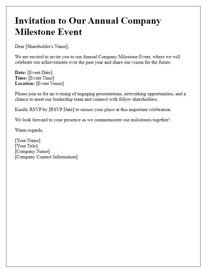 Letter template of Shareholder Invitation to Annual Company Milestone Event