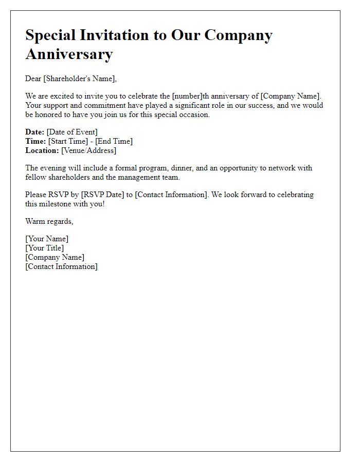 Letter template of Special Invitation to Join Our Company Anniversary for Shareholders