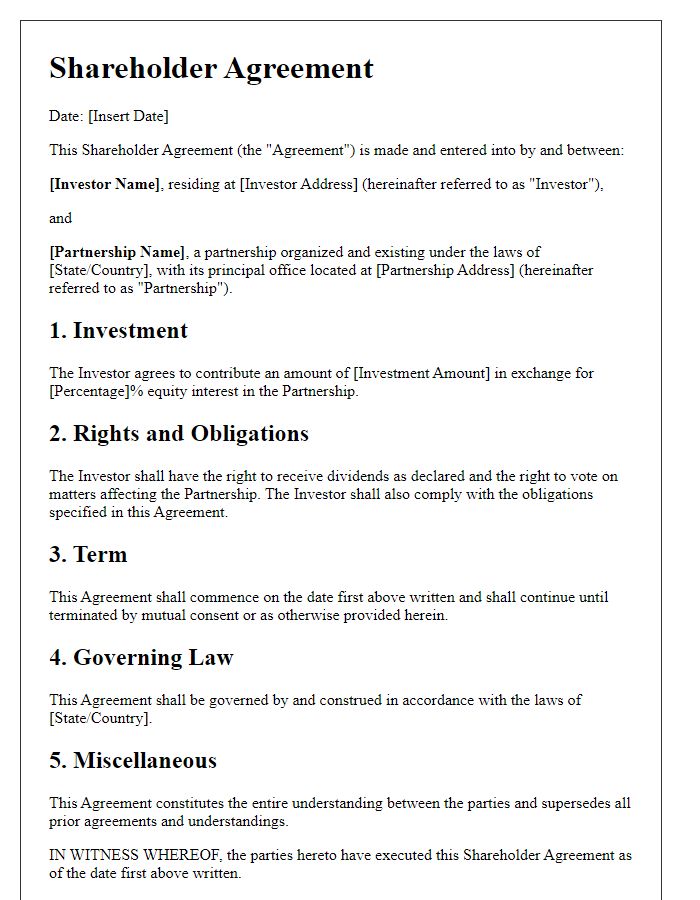 Letter template of shareholder agreement for equity investment in a partnership