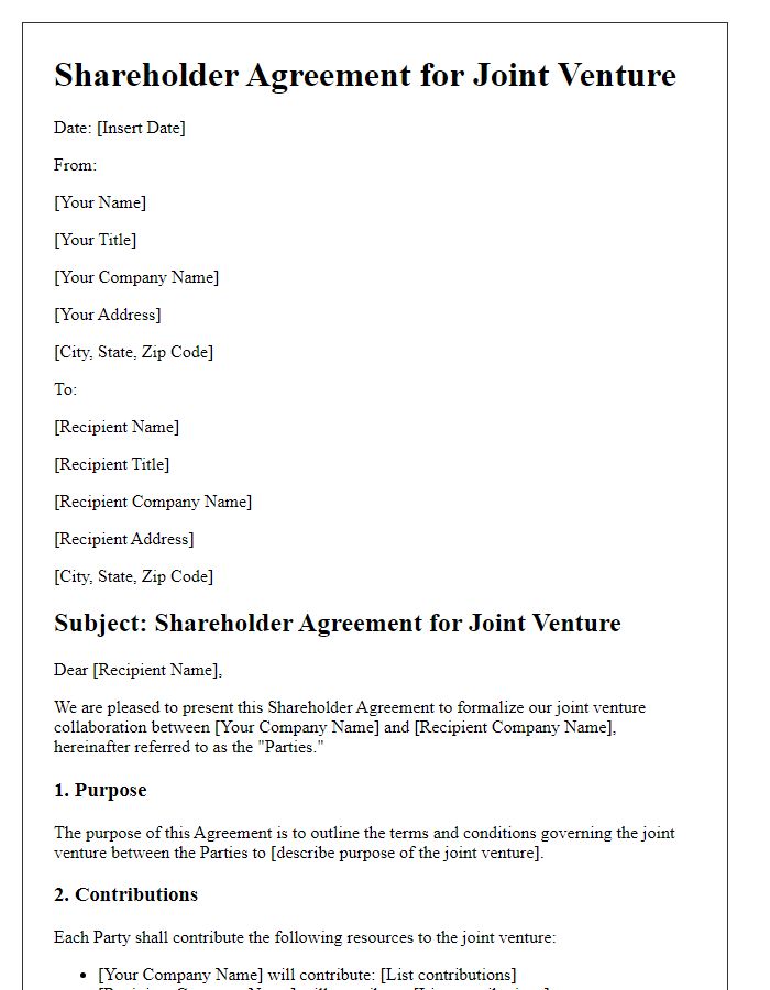 Letter template of shareholder agreement for joint venture collaboration