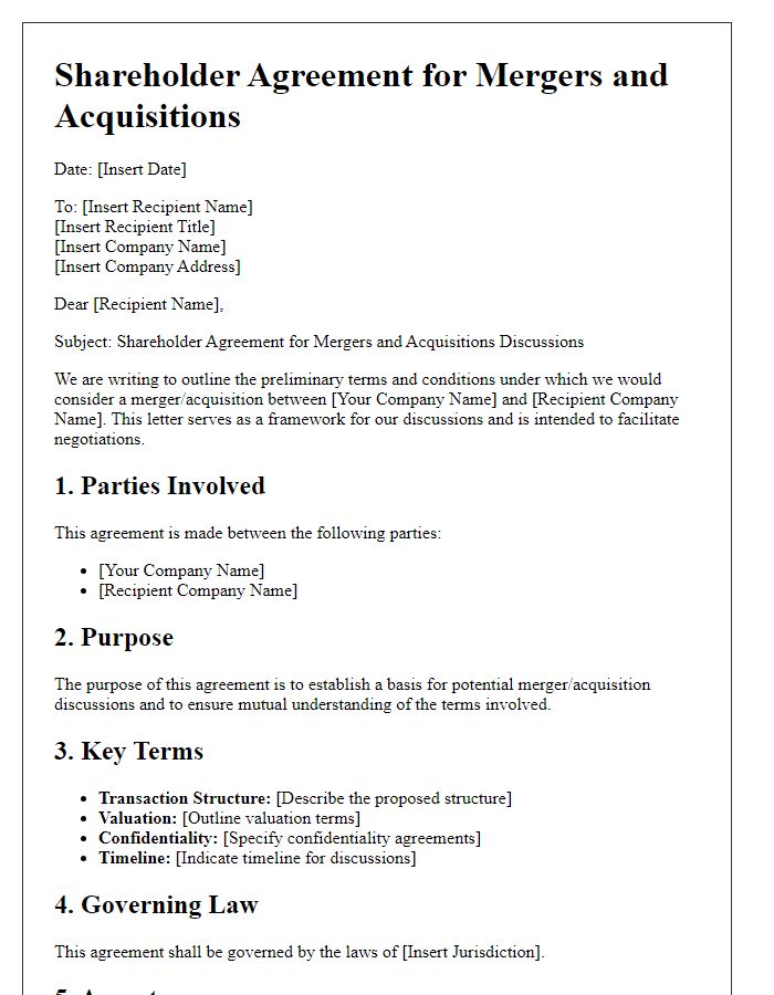 Letter template of shareholder agreement for mergers and acquisitions discussions