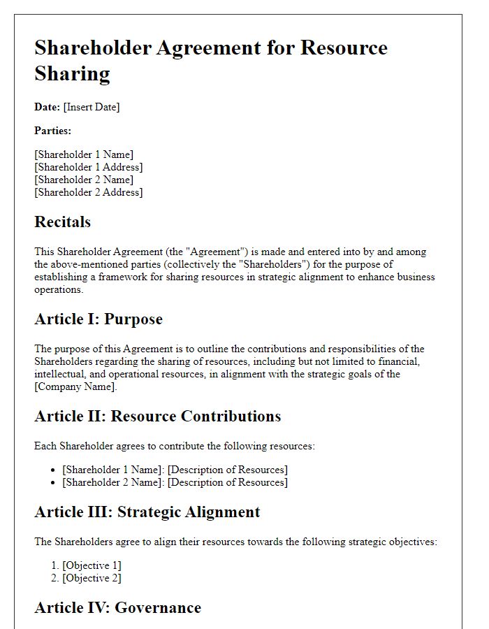 Letter template of shareholder agreement for sharing resources in strategic alignment