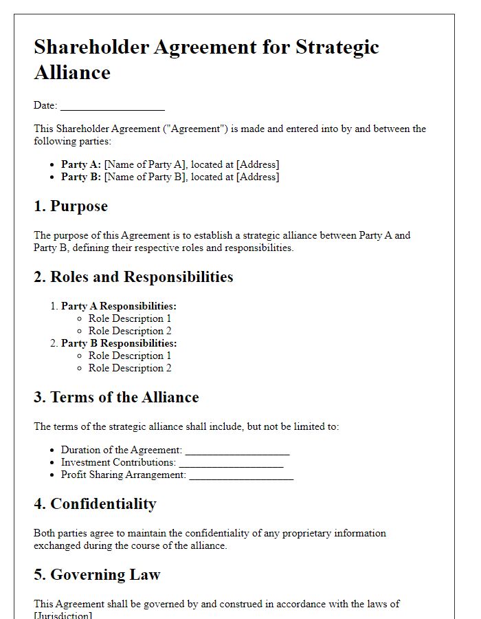 Letter template of shareholder agreement for strategic alliance with defined roles