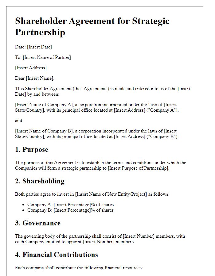 Letter template of shareholder agreement for strategic partnership formation