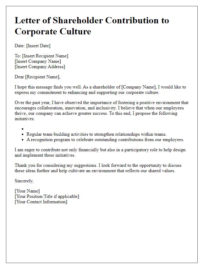 Letter template of shareholder contributions to corporate culture