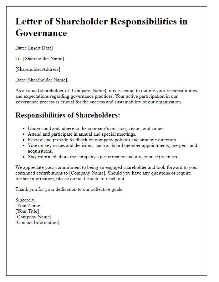 Letter template of shareholder responsibilities in governance