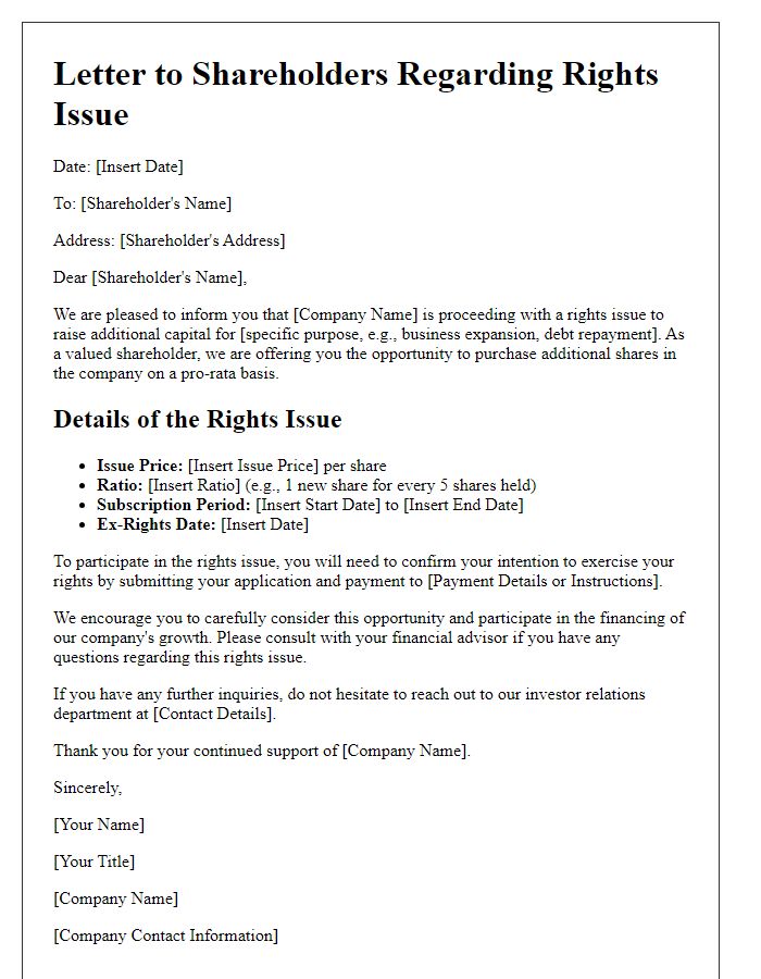 Letter template of rights issue procedure for shareholders