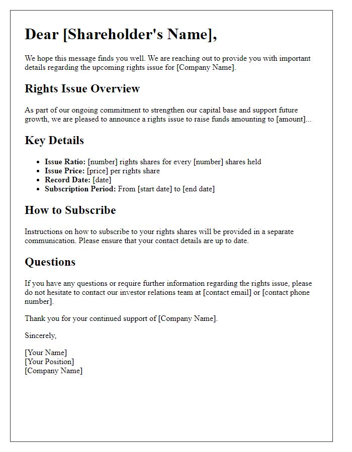 Letter template of shareholder update on rights issue details