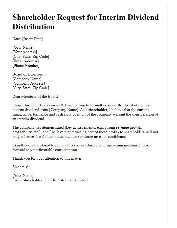 Letter template of shareholder request for interim dividend distribution