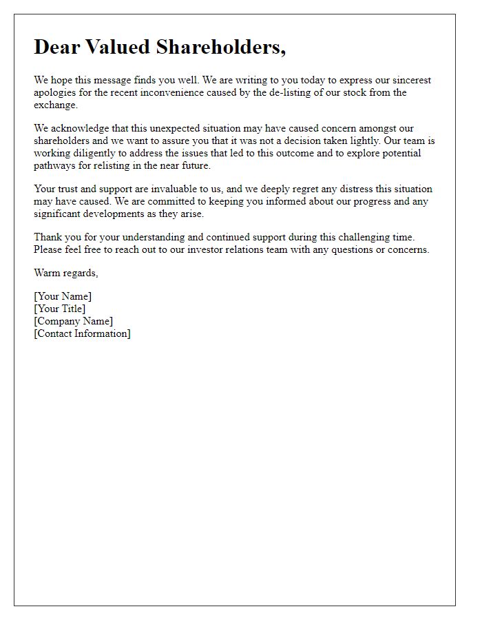 Letter template of apology to shareholders for inconvenience caused by stock de-listing.