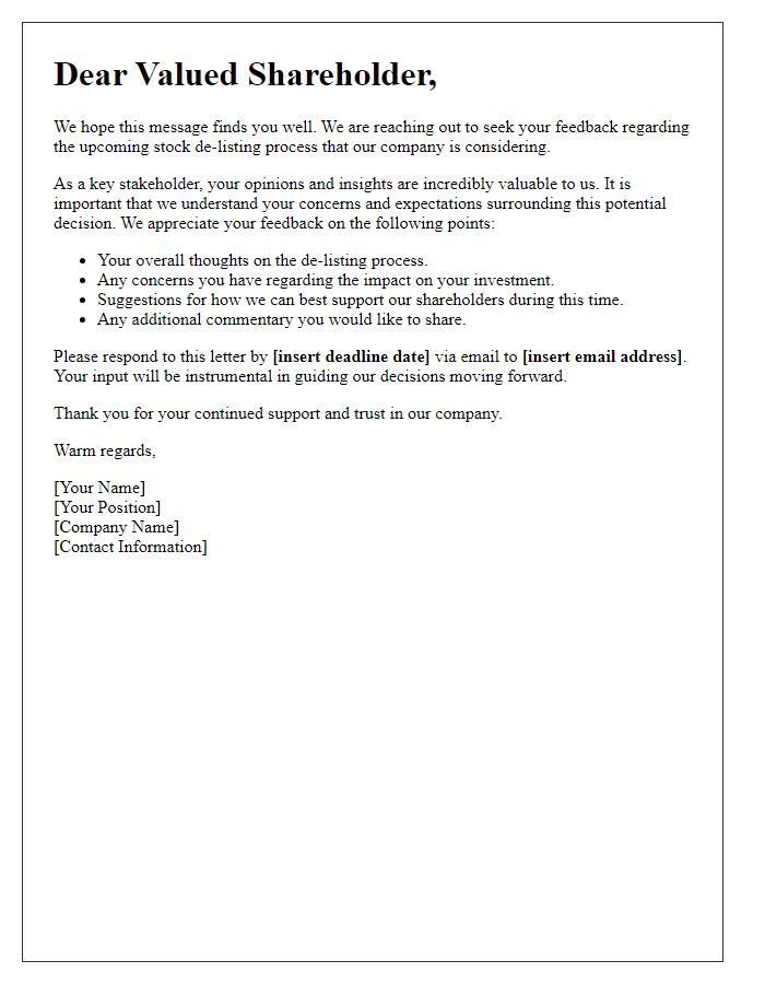 Letter template of engagement for shareholder feedback on stock de-listing process.