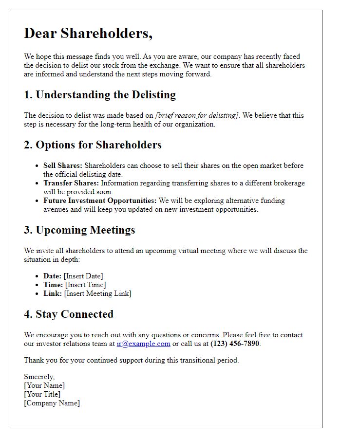 Letter template of outlining next steps for shareholders amidst stock de-listing.