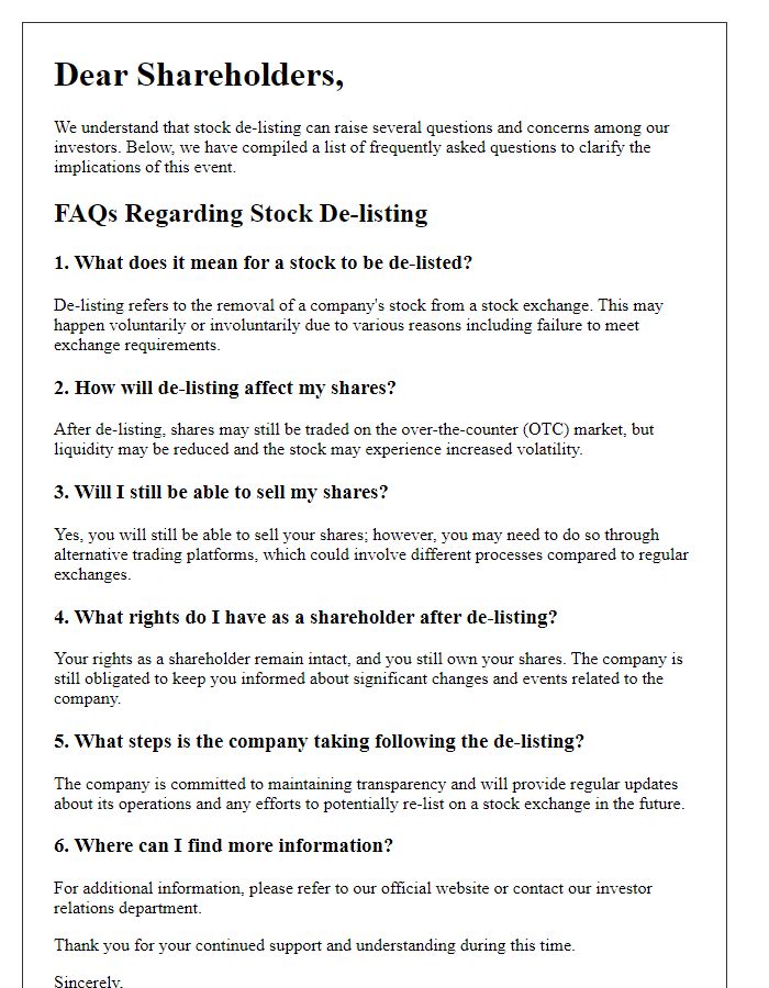 Letter template of shareholder FAQs regarding implications of stock de-listing.