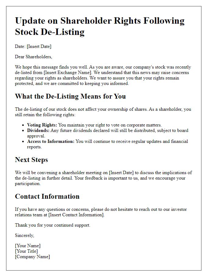 Letter template of updates on shareholder rights following stock de-listing.