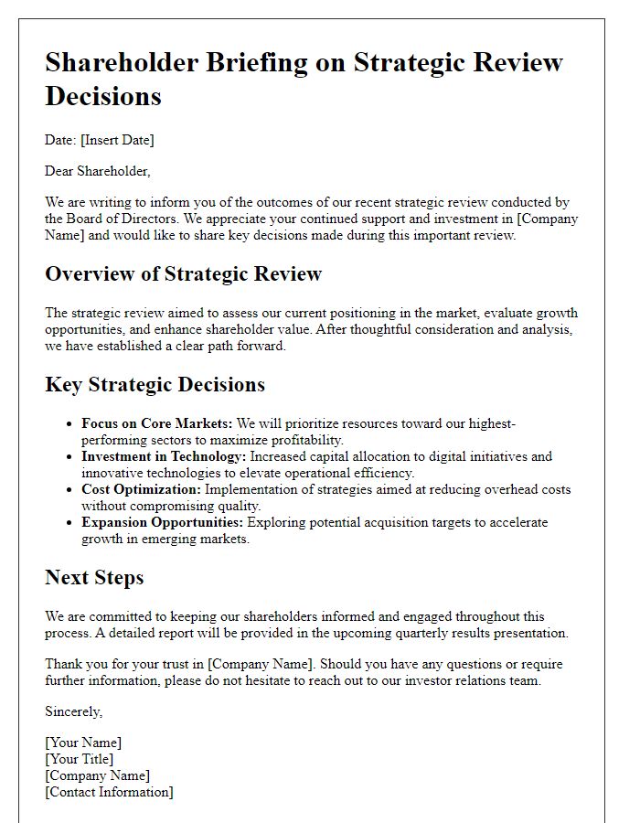 Letter template of shareholder briefing on strategic review decisions