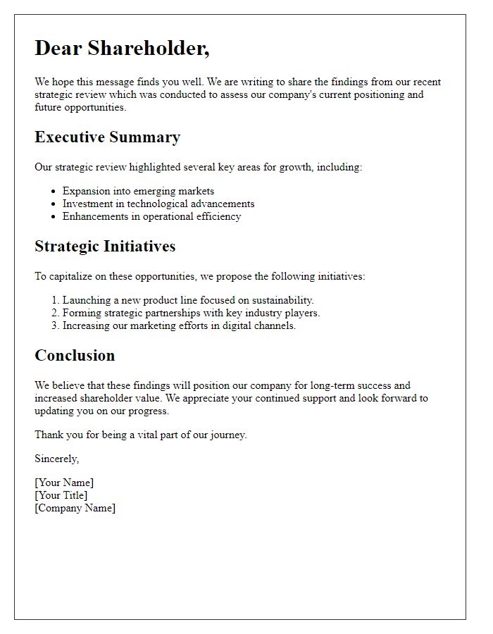 Letter template of shareholder communication on strategic review findings