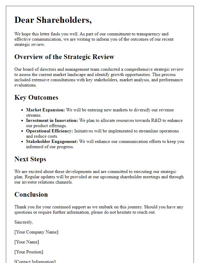 Letter template of shareholder disclosure of strategic review outcomes