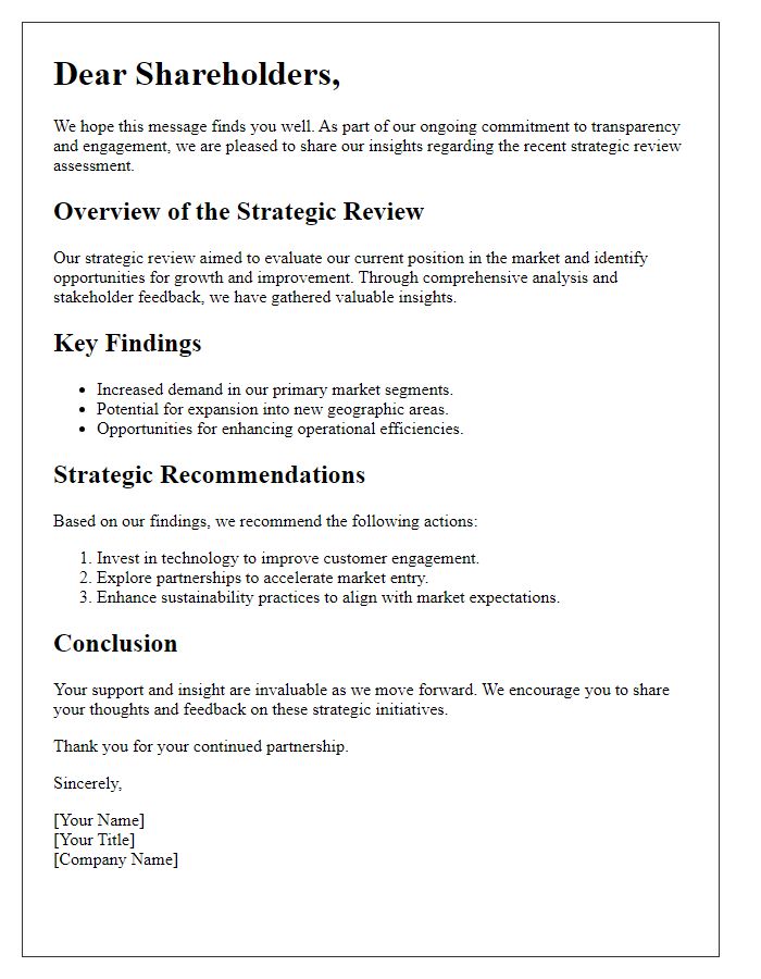 Letter template of shareholder insight into strategic review assessment