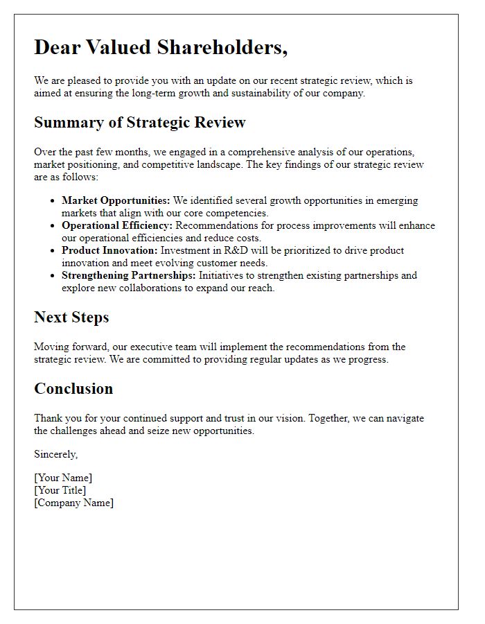 Letter template of shareholder letter detailing strategic review summary