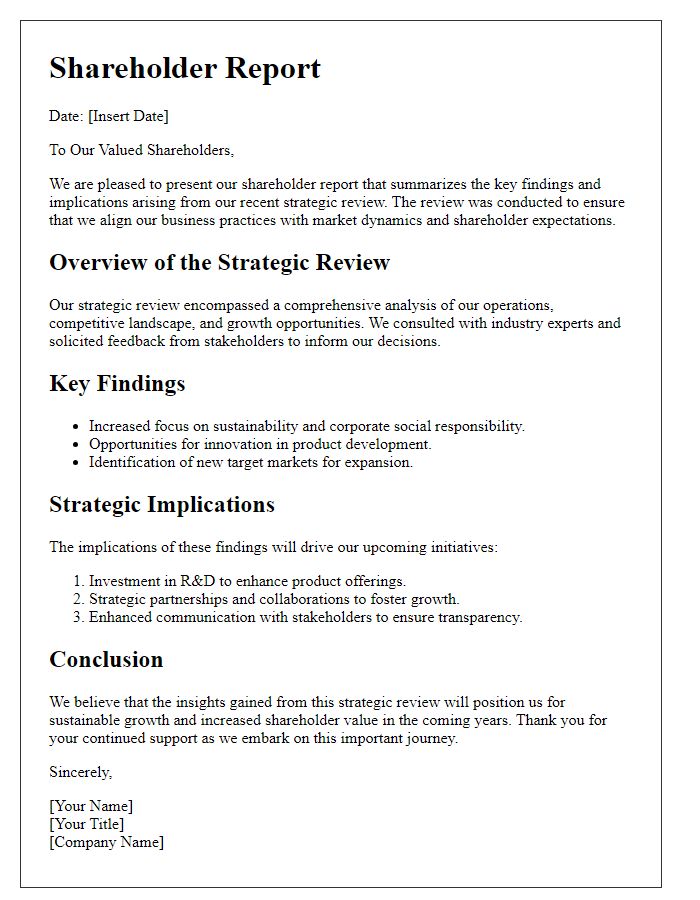 Letter template of shareholder report on strategic review implications