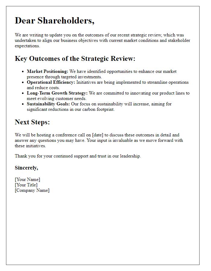 Letter template of shareholder update about strategic review outcomes