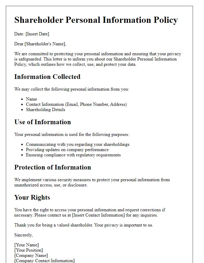 Letter template of Shareholder Personal Information Policy