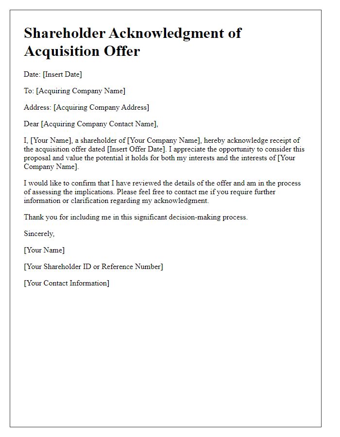 Letter template of shareholder acknowledgment of acquisition offer