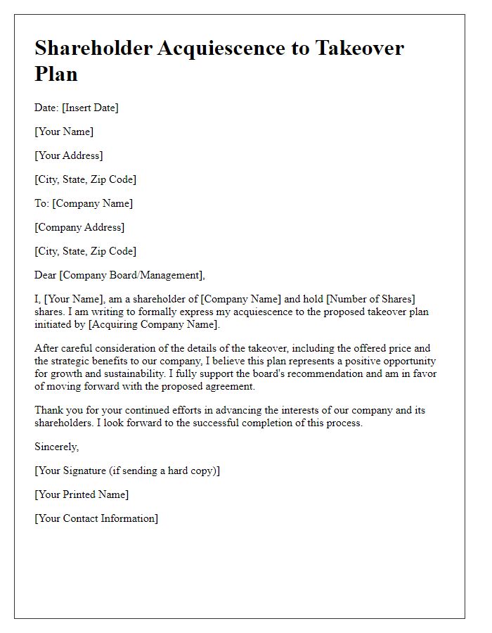 Letter template of shareholder acquiescence to takeover plan