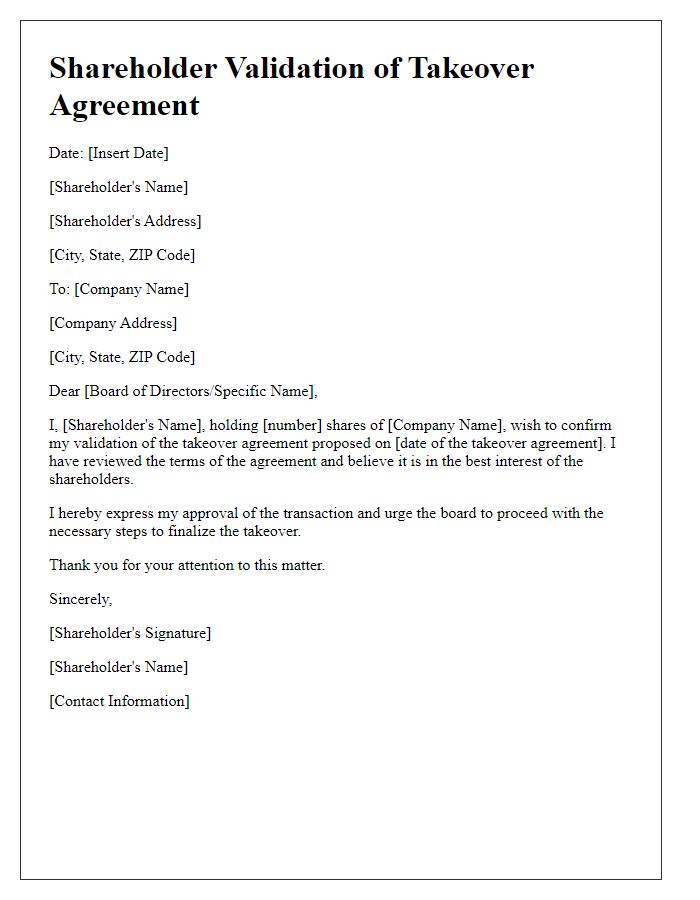 Letter template of shareholder validation of takeover agreement