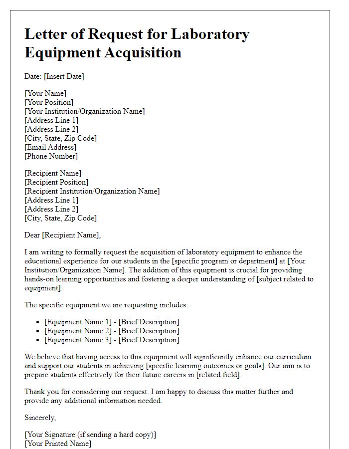 Letter template of laboratory equipment acquisition for educational use