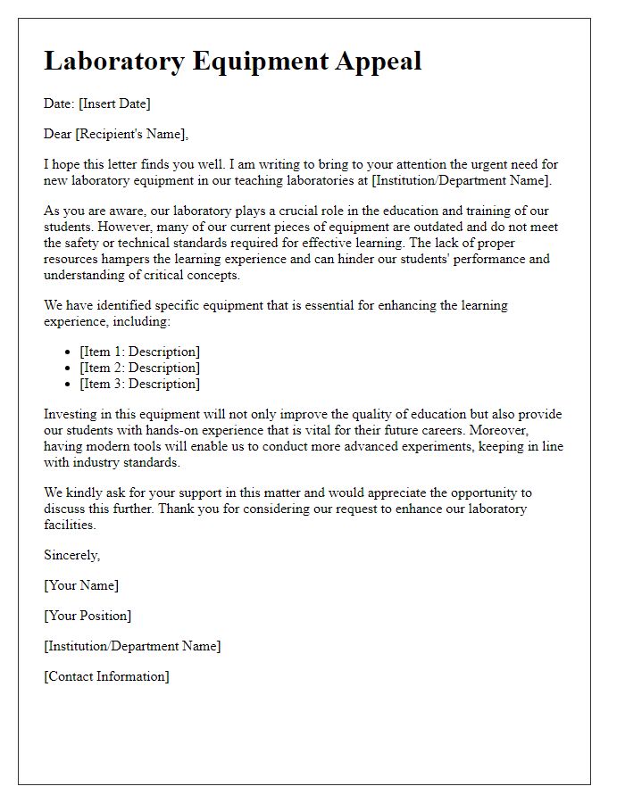 Letter template of laboratory equipment appeal for teaching laboratories