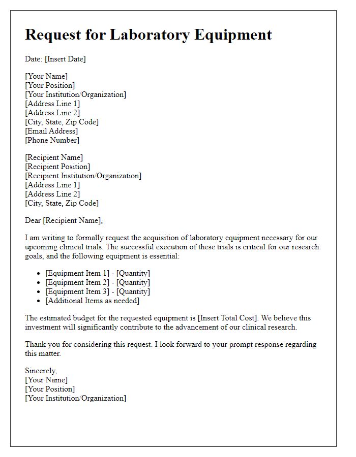 Letter template of laboratory equipment demand for clinical trials