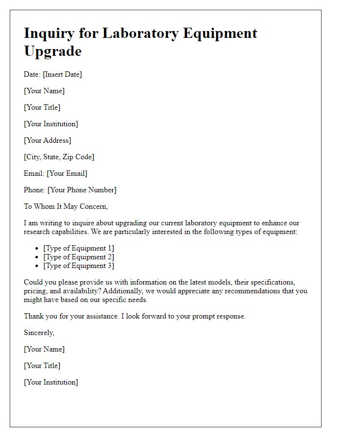 Letter template of laboratory equipment inquiry for upgrade needs