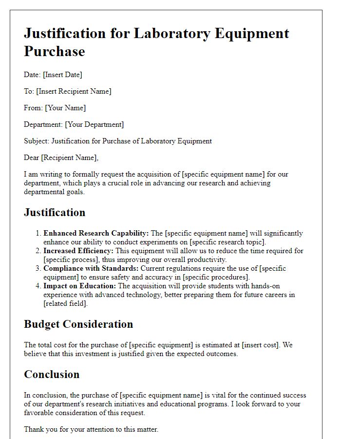 Letter template of laboratory equipment justification for departmental needs