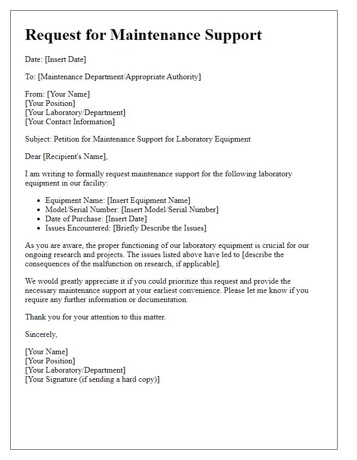 Letter template of laboratory equipment petition for maintenance support