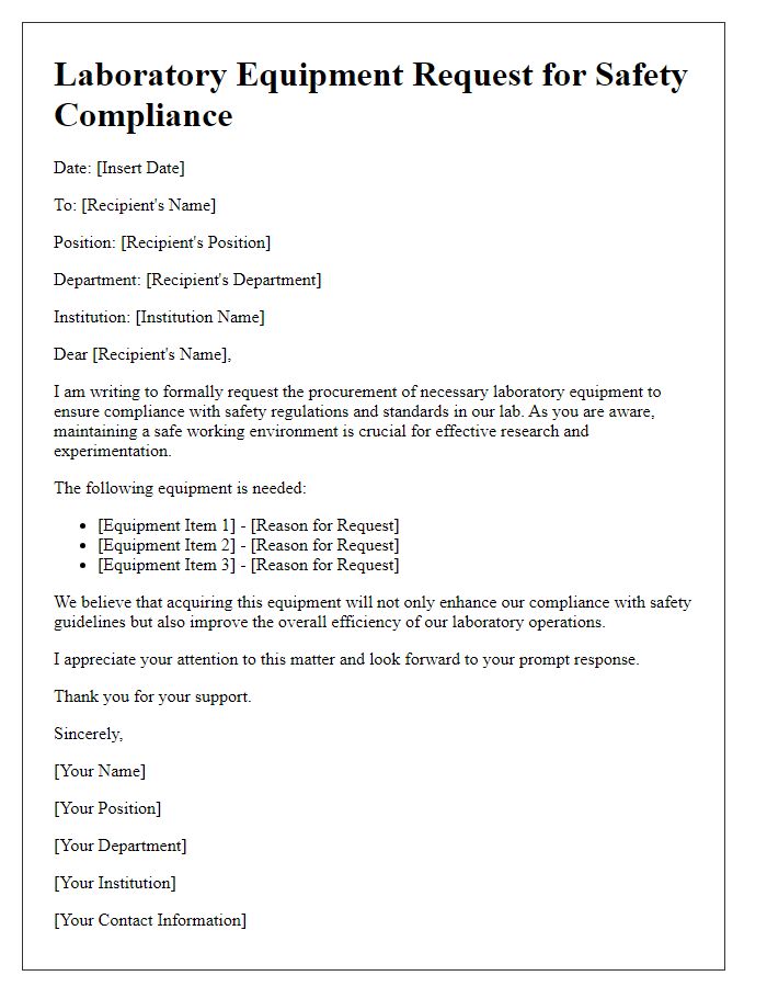 Letter template of laboratory equipment request for safety compliance