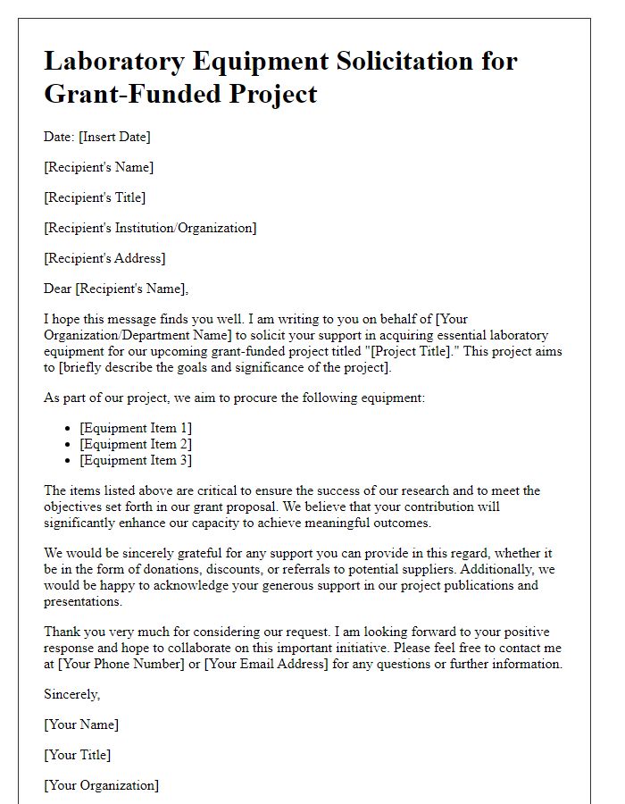 Letter template of laboratory equipment solicitation for grant-funded projects