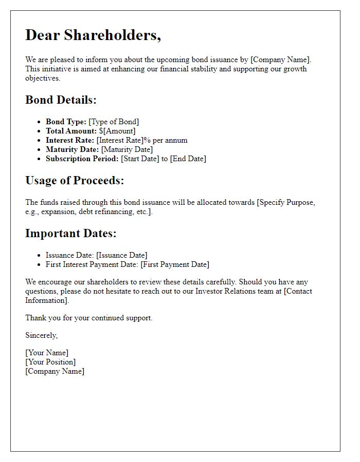 Letter template of bond issuance details for shareholder awareness